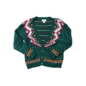 Vintage Margules Cottage Cardigan Sweater Green Fair Isle Heart Knit